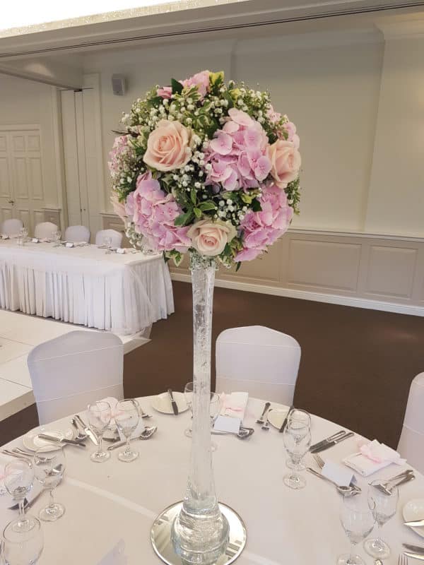 Tall Table Centre with Hydrangeas and Roses 1