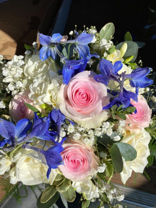 Hand-tied Bridle Bouquet in Pink Ivory and Blue 1