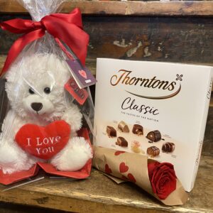 Cute bear holding a heart (10 inches tall) with large box of chocolates and a gift wrapped real red rose